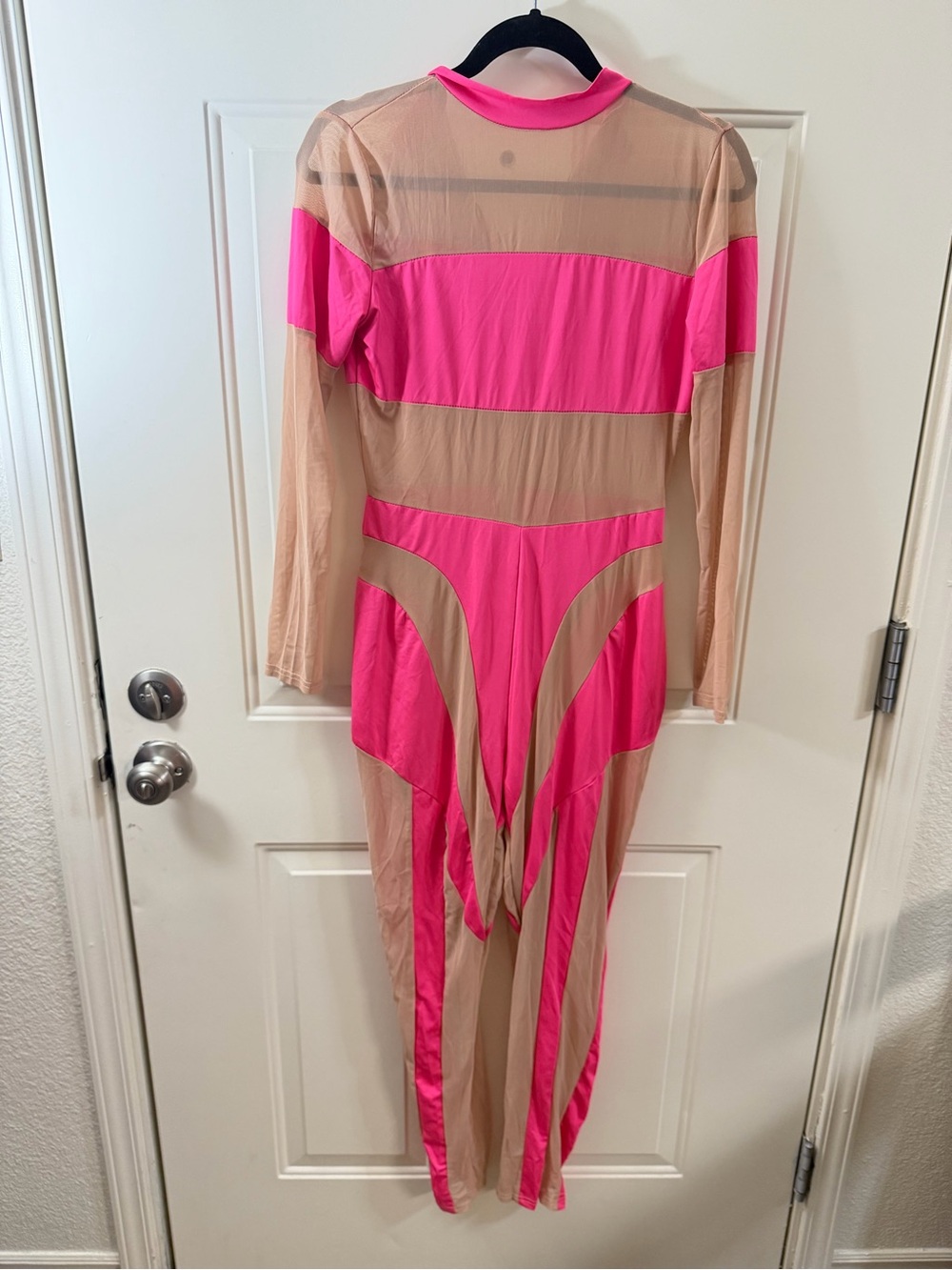 Pink Nude Sheer Mesh Long Sleeve Colorblock Jumpsuit Catsuit Large 0064
